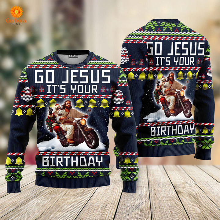 Go Jesus It's Your Birthday Santa Jesus Riding Motorbike Christmas Sweaters For Men & Women UH2303