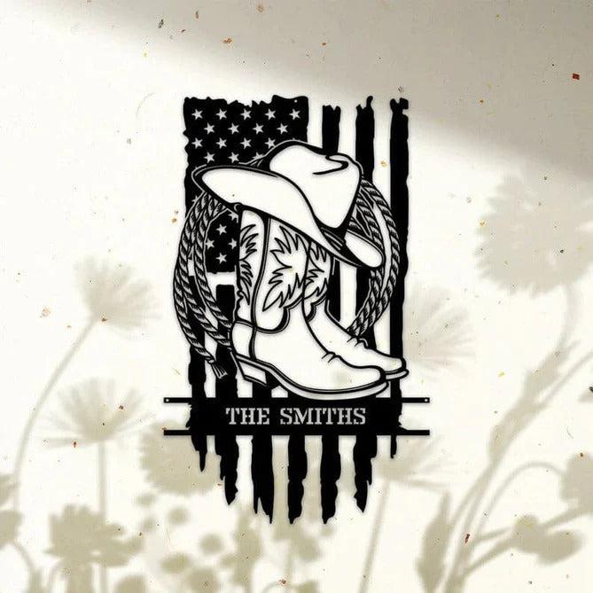 US Flag Cowboy Boots & Hat Custom Cut Metal Sign | MN1509-Black-Gerbera Prints.