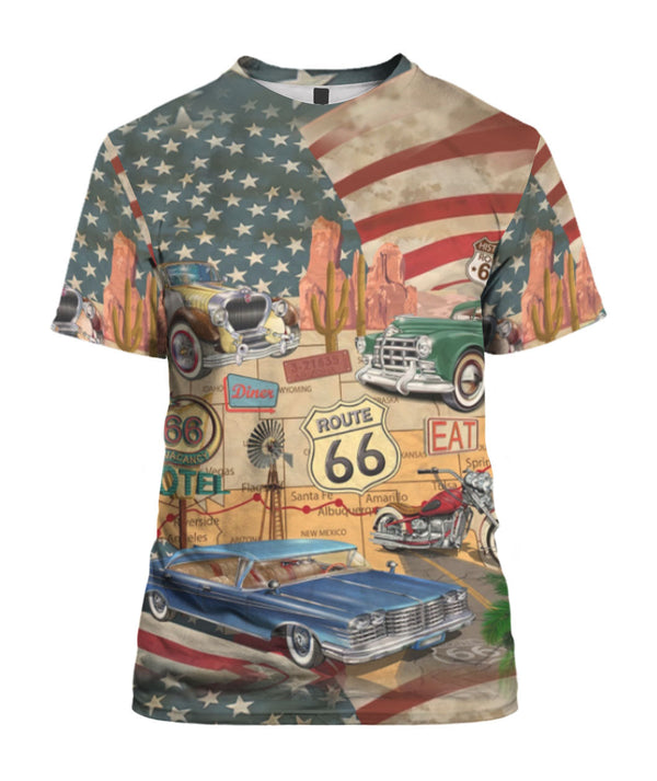 US Flag Route 66 Classic Car T Shirt