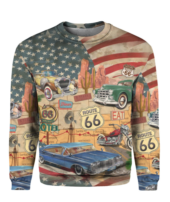 US Flag Route 66 Classic Car Crewneck Sweatshirt