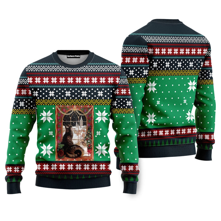 Cat Christmas Snow Window Ugly Christmas Sweater