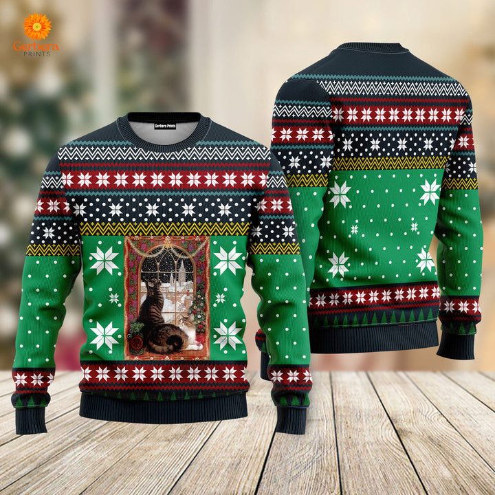 Cat Christmas Snow Window Ugly Christmas Sweater For Men & Women US5396