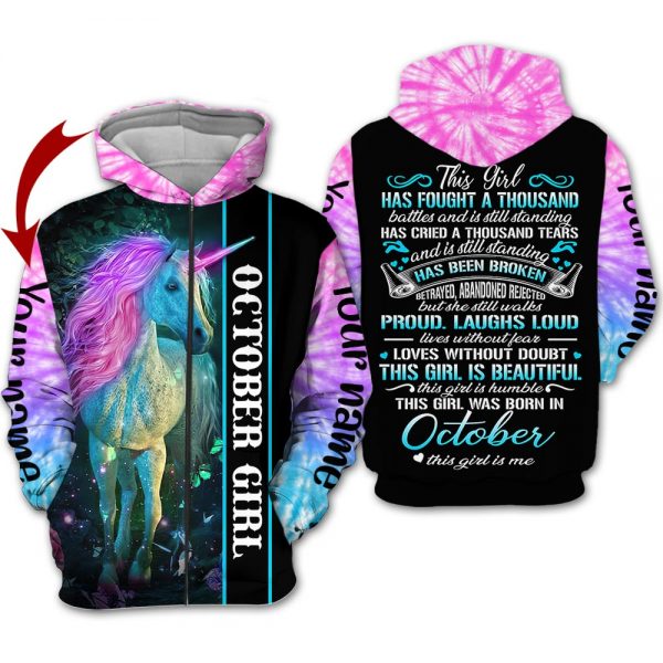 Unicorn October Girl Custom Name Zip Up Hoodie For Men & Women