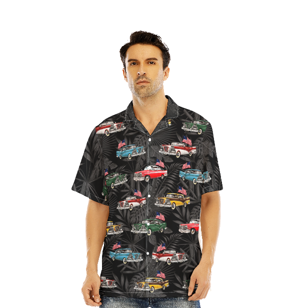 Vintage Car With American Flag Black Aloha Hawaiian Shirts For Men And For Women WT1558