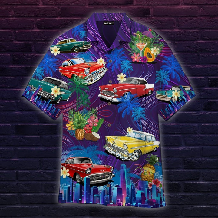 Vintage Hot Rod Car Sunset Beach Hawaiian Shirt | For Men & Women | Adult | WT1053-Hawaii Shirt Premium-Gerbera Prints.