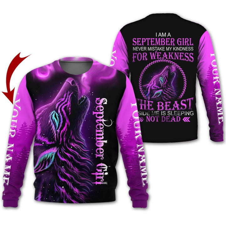 Violet Wolf Blue September Girl Custom Name Crewneck Sweatshirt For Men & Women