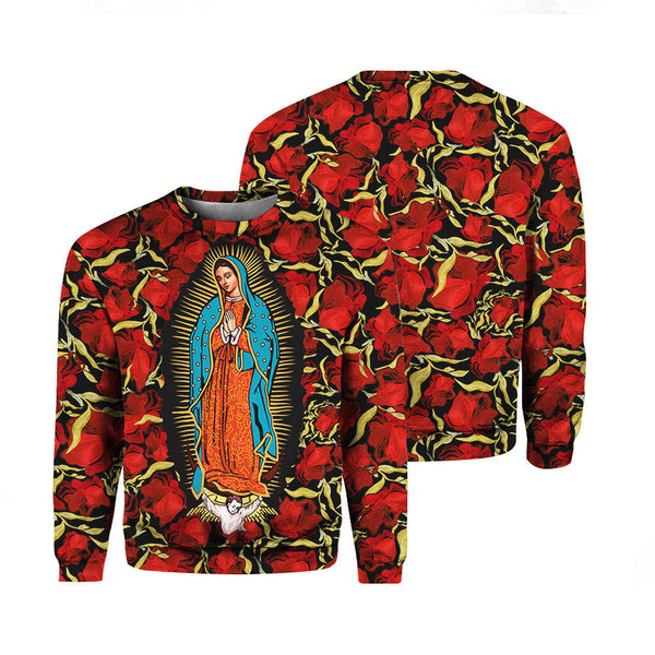 Virgin De Guadalupe Maria Rose Crewneck Sweatshirt All Over Print For Men & Women HP1277-Crewneck Sweatshirt-Gerbera Prints.