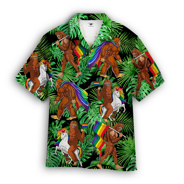 Bigfoot Gay Proud Of LGBT Rainbow Flag Green Leaf Hawaiian Shirt
