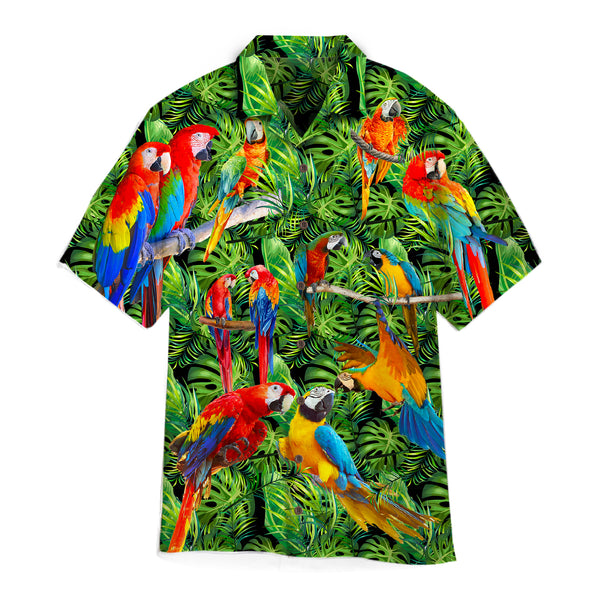 Vintage Parrot Colorful With Tropical Palm Leaves Pattern Green Hawaiian Shirt