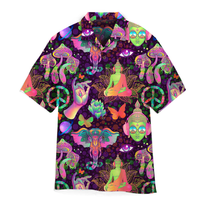 Trippy Mushrooms Peace Sign Acid Buddha And Butterflie Hawaiian Shirt
