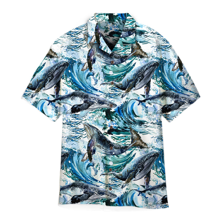 Whales Sea Wave Blue Ocean Pattern Hawaiian Shirt