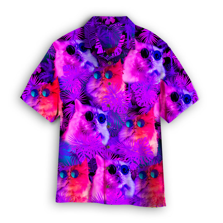 Neon Cat With Tropical Palm Leaves Pattern Hawaiian Shirt