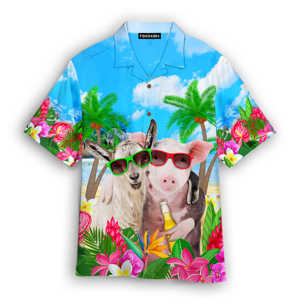 Pig And Goat In Sunglasses Hugging While Drinking Beer On The Beach Hawaiian Shirt