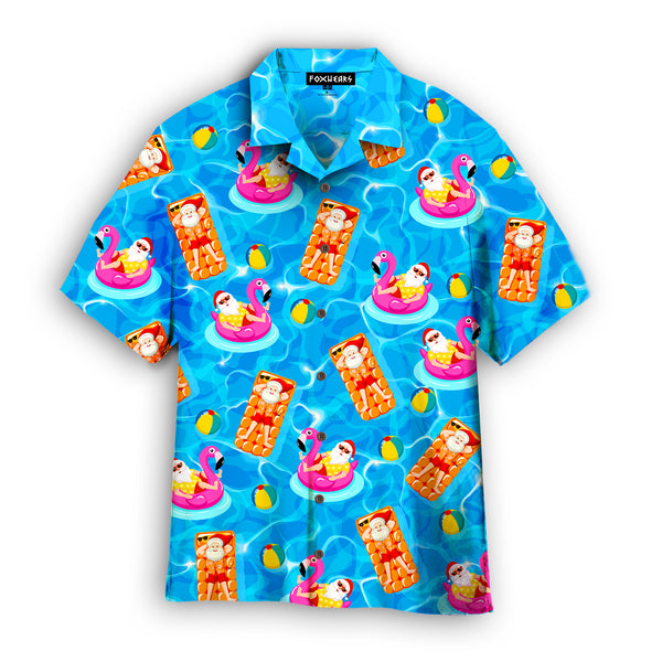 Santa Claus In July In Swimming Pool Flamingo Float Pattern Blue Hawaiian Shirt