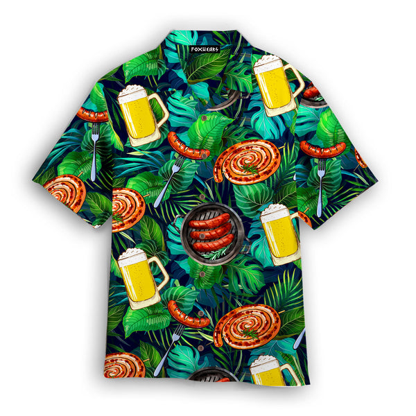Oktoberfest Sausages And Beer Big Set Of Barbeque Party Food Palm Leaves Pattern Hawaiian Shirt