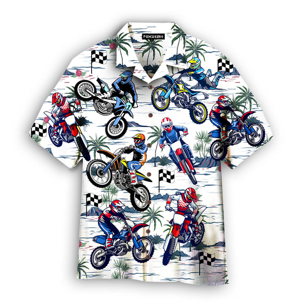 Motocross Racing Dirt Bike Coconut Palm Trees Pattern White Hawaiian Shirt