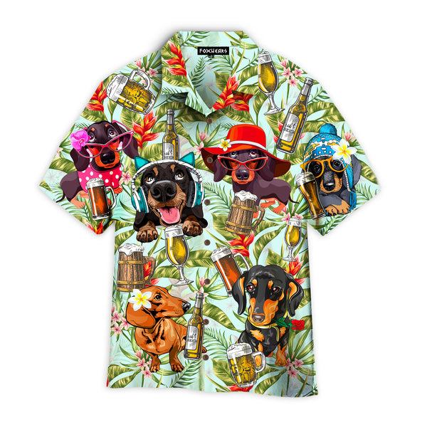 Dogs Dachsund Drinking Beer Coconut Palm Leaves Pattern Hawaiian Shirt