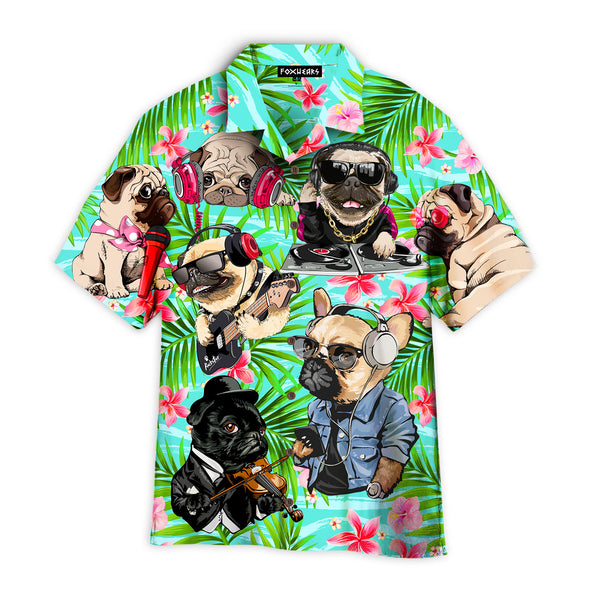 Dog Feeling Music With Pugs Tropical Floral Pattern Hawaiian Shirt