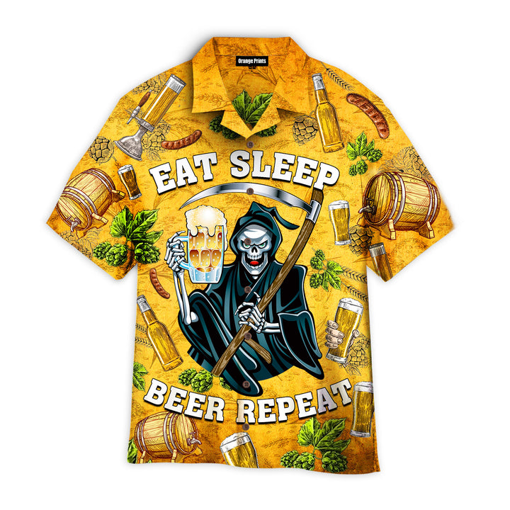 Oktoberfest Skeleton Eat Sleep Beer Repeat Barley Yellow Hawaiian Shirt