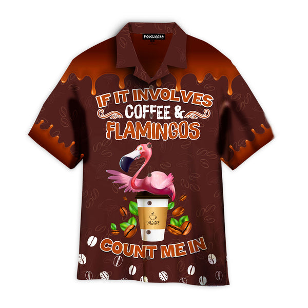 Flamingo Obsessive Coffee Count Me In Cafe Pattern Brown Hawaiian Shirt