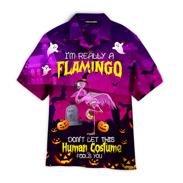 Halloween I’m Really A Flamingo Ghost Pumpkin Hawaiian Shirt