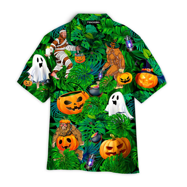 Tropical Bigfoot Halloween Pumpkin Ghost Devil Pattern Green Hawaiian Shirt