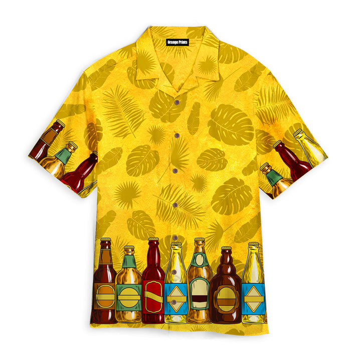 Oktoberfest Set Beer Tropical Leaves Pattern Yellow Hawaiian Shirt
