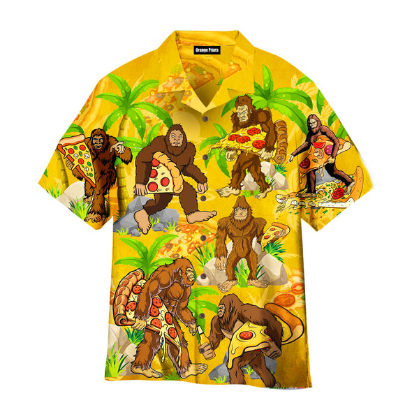 BigFoot Eating Pizza Palm Trees Yellow Hawaiian Shirt