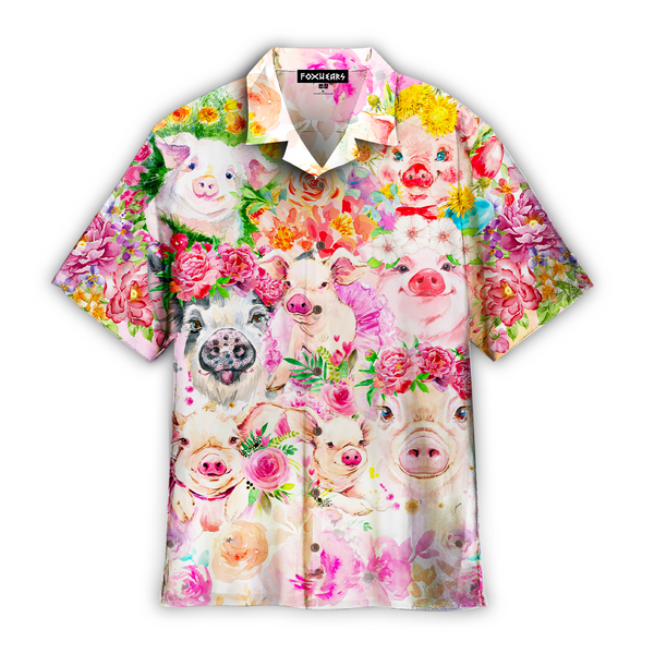 Watercolor Pigs Flowers Tropical Hawaiian Shirt