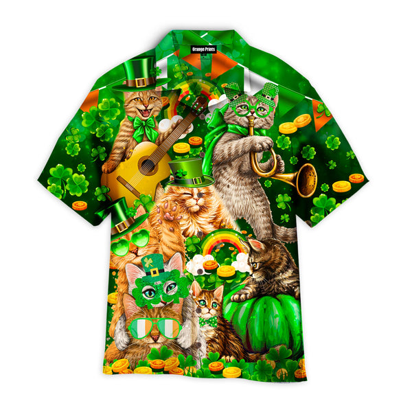 Cats Saint Patricks Day Clover Pattern Green Hawaiian Shirt
