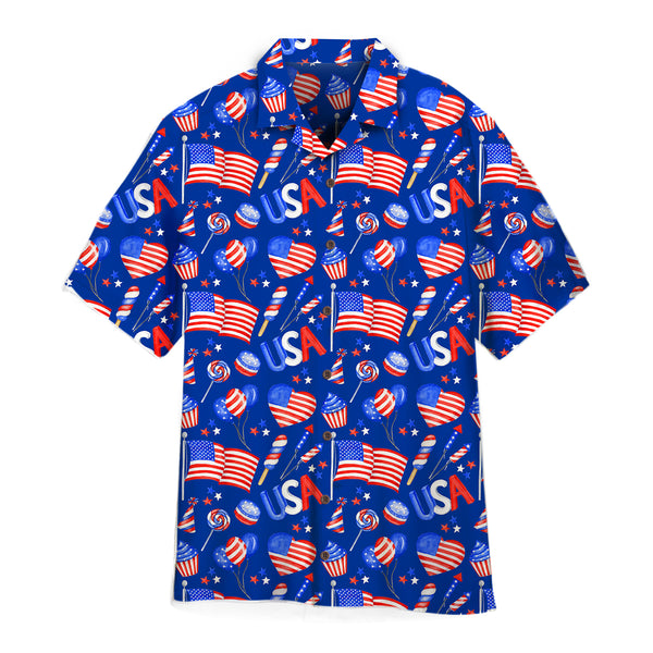 4th Of July Outfit Independence Day America Heart Icon Festive Patriotic Pattern Hawaiian Shirt