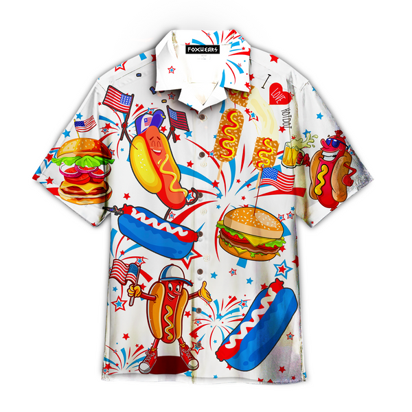 Funny American Hot Dog 4th Of July Outfit Independence Day White And Blue Patriotic Hawaiian Shirt