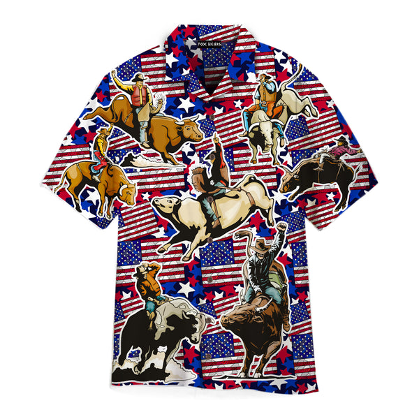 Bull Riding American Flag Hawaiian Shirt