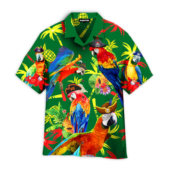Pirate Parrots Tropical Green Hawaiian Shirt