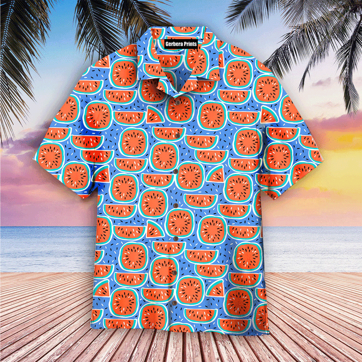 Watermelon Pattern Blue Aloha Hawaiian Shirts For Men And For Women WT6583 Gerbera Prints