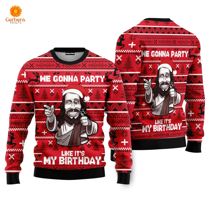 We Gonna Party Like Its My Birthday Jesus Ugly Christmas Sweater For Men & Women US1012-Colorful-Gerbera Prints.