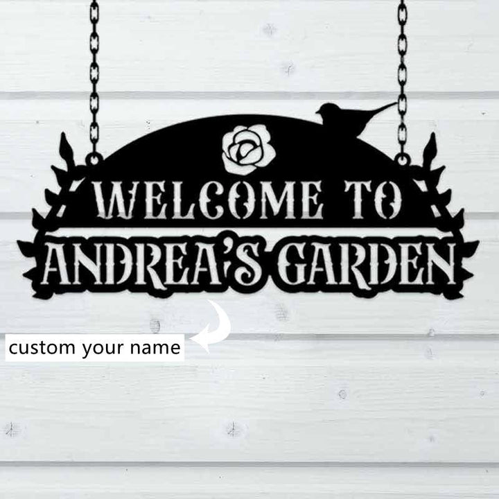Welcome To Our Garden Custom Cut Metal Sign | MN1042-Black-Gerbera Prints.