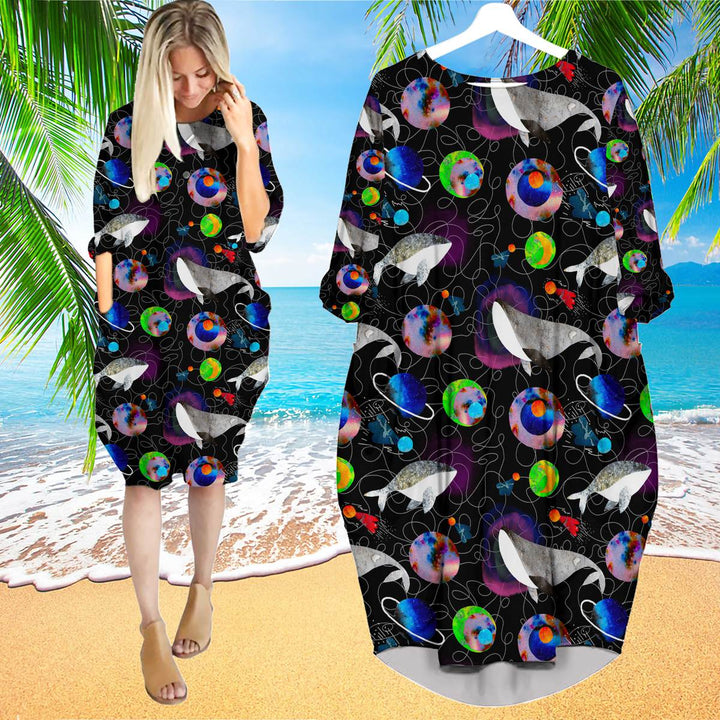 Whales Planets Stars Colorful Long Sleeve Midi Dress | MD1732