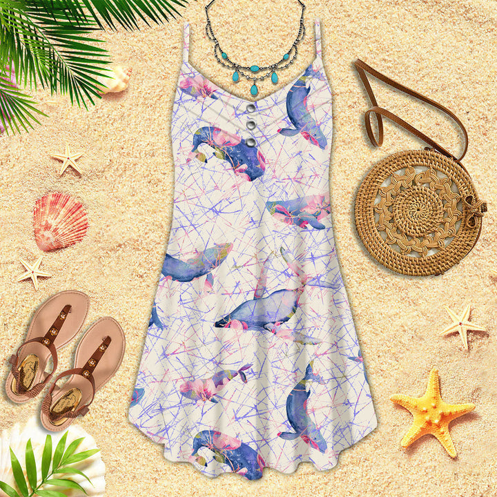 Wildlife Whales In Cherry Bloom Spaghetti Strap Summer Dress | SD1124