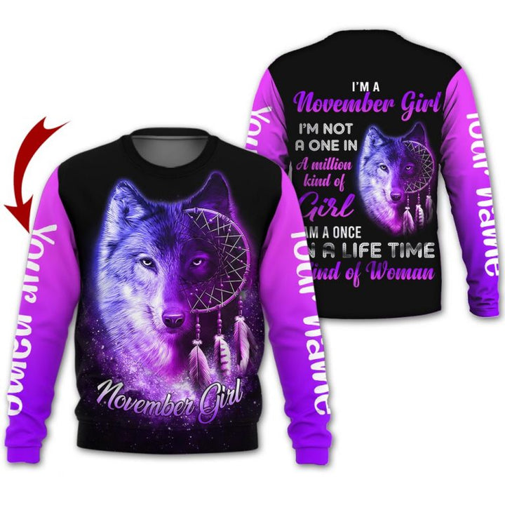 Wolf Face November Girl Custom Name Crewneck Sweatshirt For Men & Women