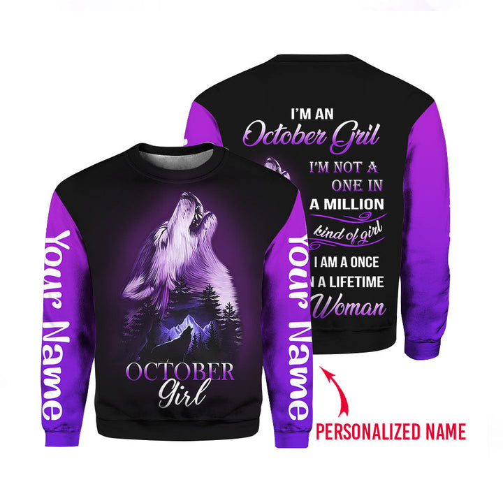 Wolf October Girl Custom Name Crewneck Sweatshirt For Men & Women