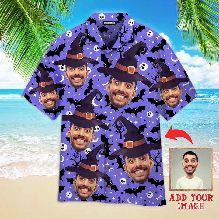 Your Funny Face With Witch Hat Happy Halloween Custom Photo Hawaiian Shirt For Men & Women