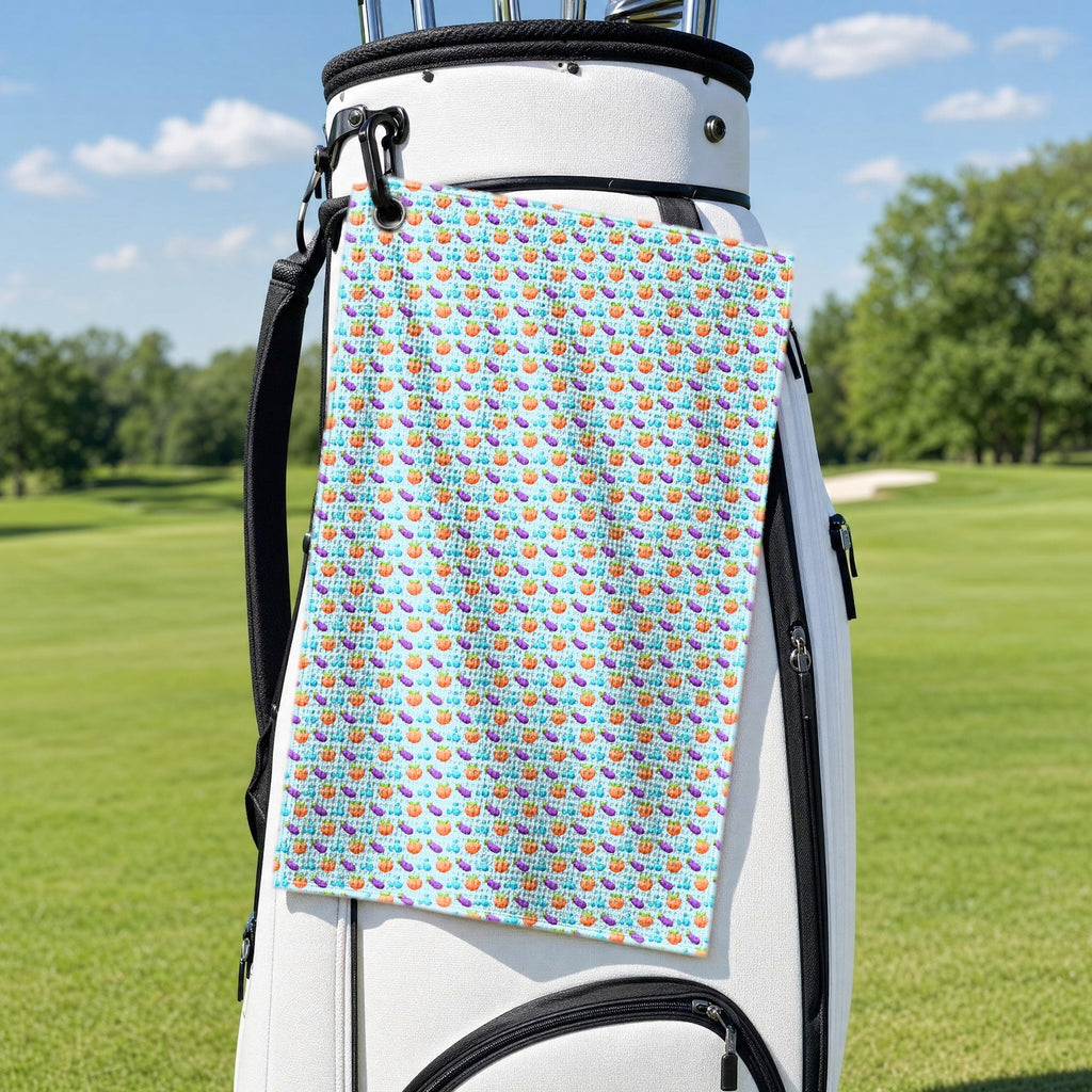 A Taste of Eggplant & Peach Golf Towel - Hanging on a Golf Bag
