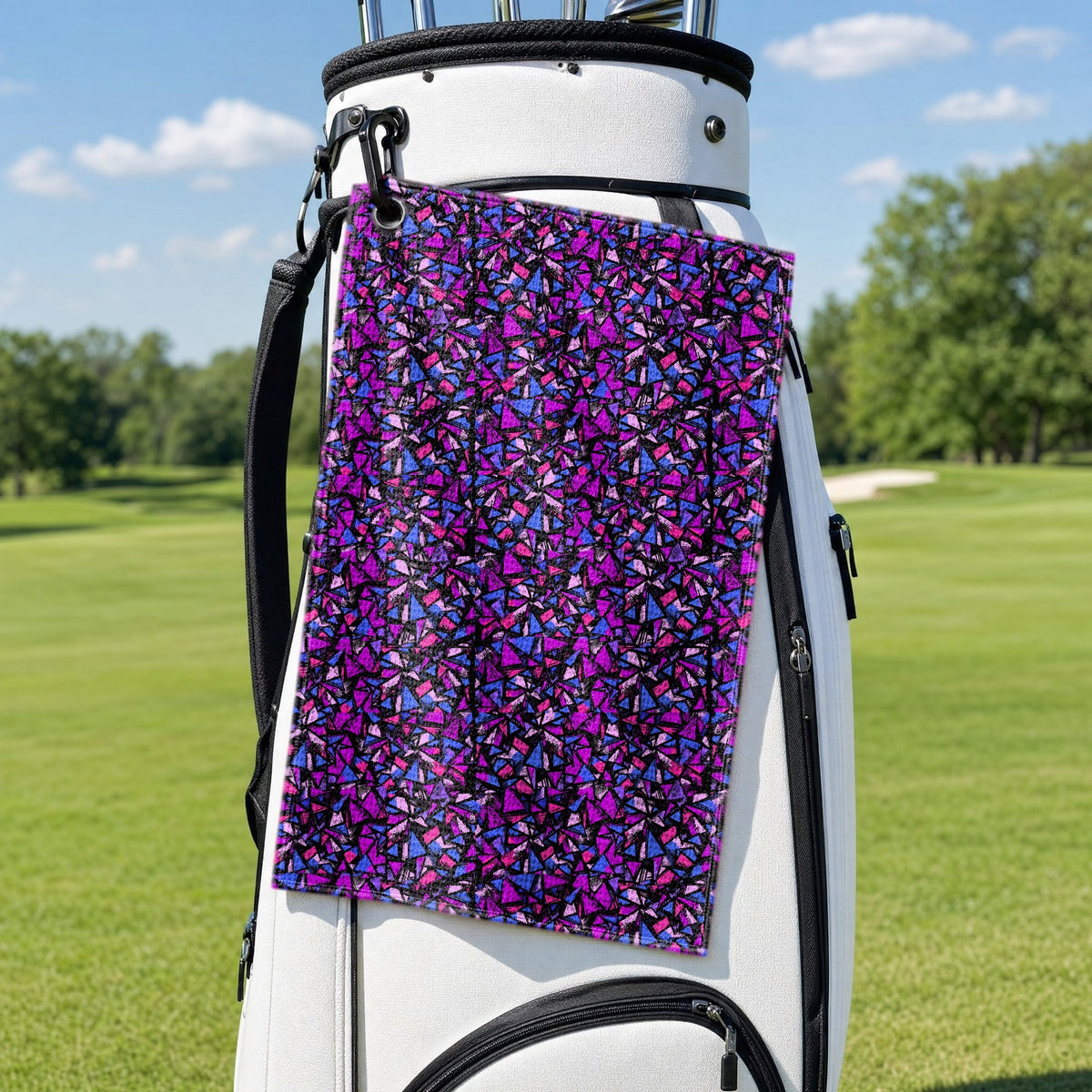 Abstract Pattern Geometric Shapes Golf Towel - Hanging on a Golf Bag