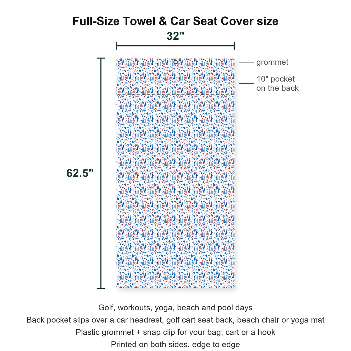 America Golf Full-Size Towel & Car Seat Cover - Size Chart