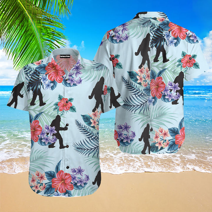 Arctic Blue Texas Floral And Leaves Bigfoot Pattern Aloha Hawaiian Shirt