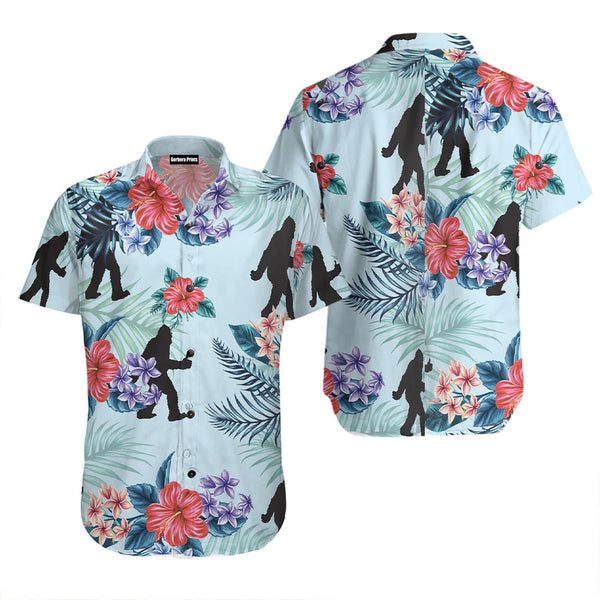 Arctic Blue Texas Floral And Leaves Bigfoot Pattern Aloha Hawaiian Shirt