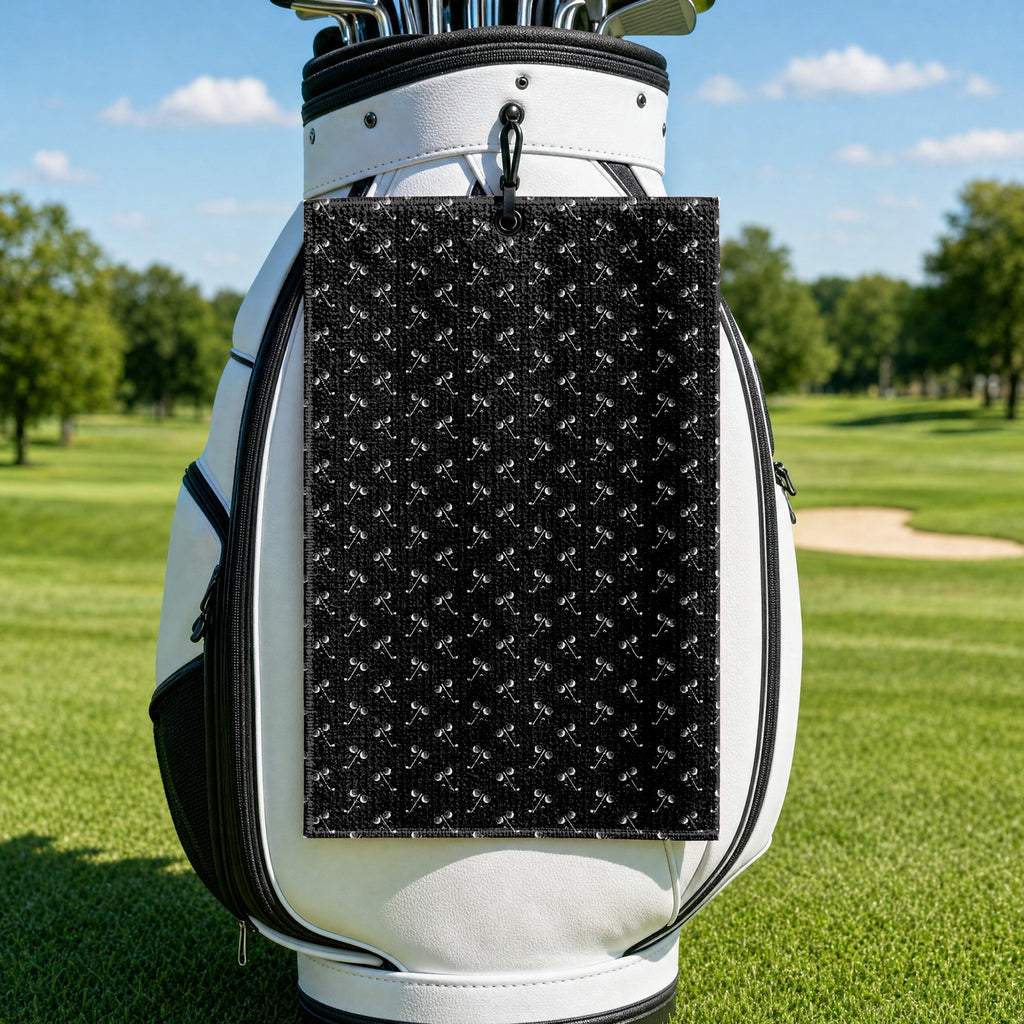Ball & Wedge Golf Towel - Hanging on a Golf Bag