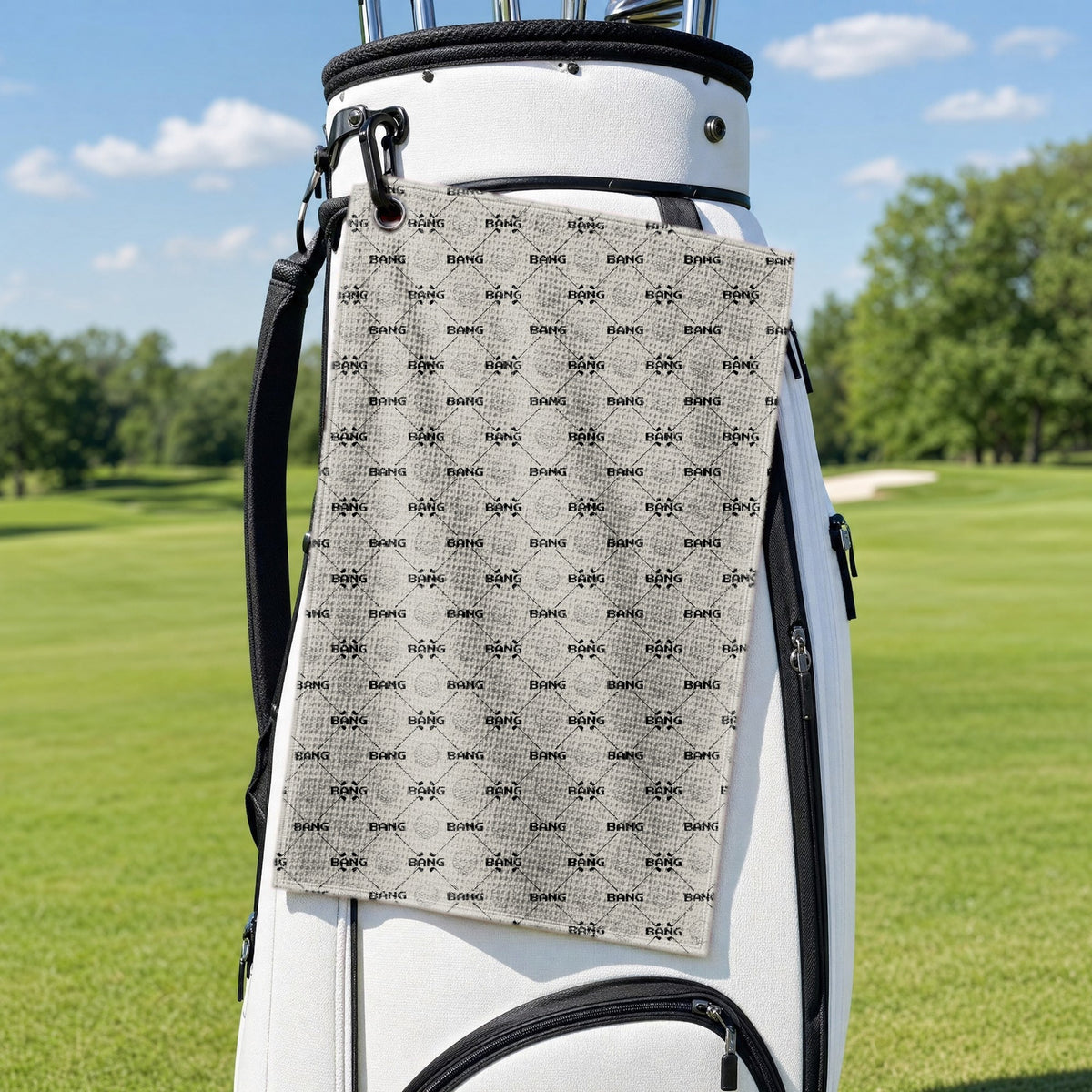 Bang Golf Towel - Hanging on a Golf Bag