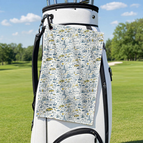 Big Apple Golf Towel - Hanging on a Golf Bag